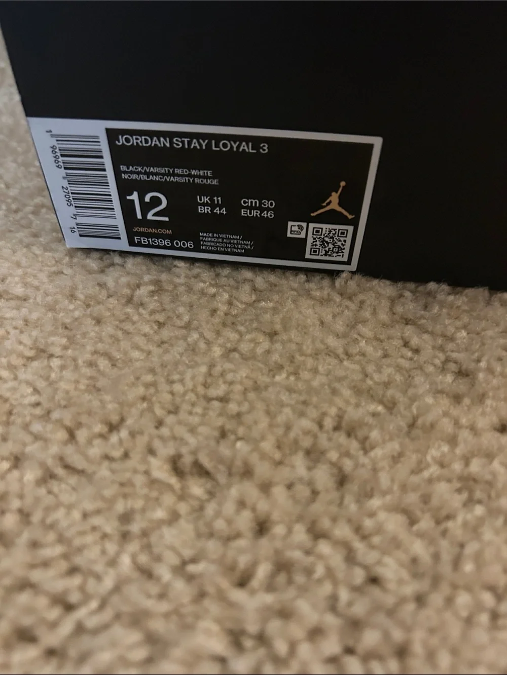 Men’s 12 Jordan Stay Loyal 3 Box Label — Black, Red, Gold
